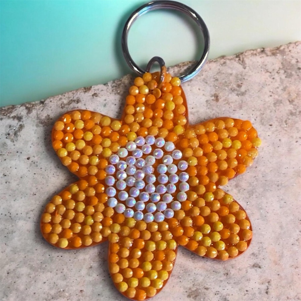 Handmade Sunflower Diamond Art  painted Keychain | Cute Floral Bag Charm